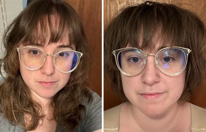 Dve ženy s okuliarmi, zmena účesu: dlhé vlnité vlasy vs. krátky rozstrapatený strih, obe s hnedým pozadím.