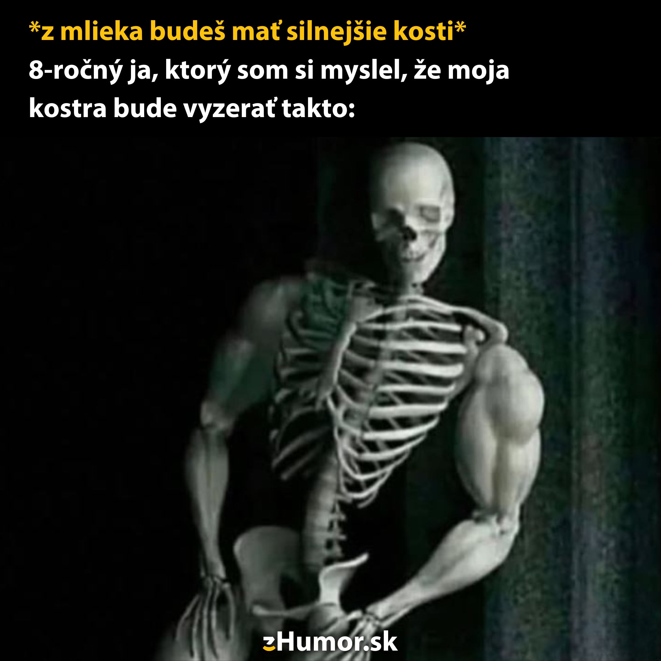 Kostra s vypracovanými svalmi, inšpirovaná detskou predstavou o sile z mlieka.