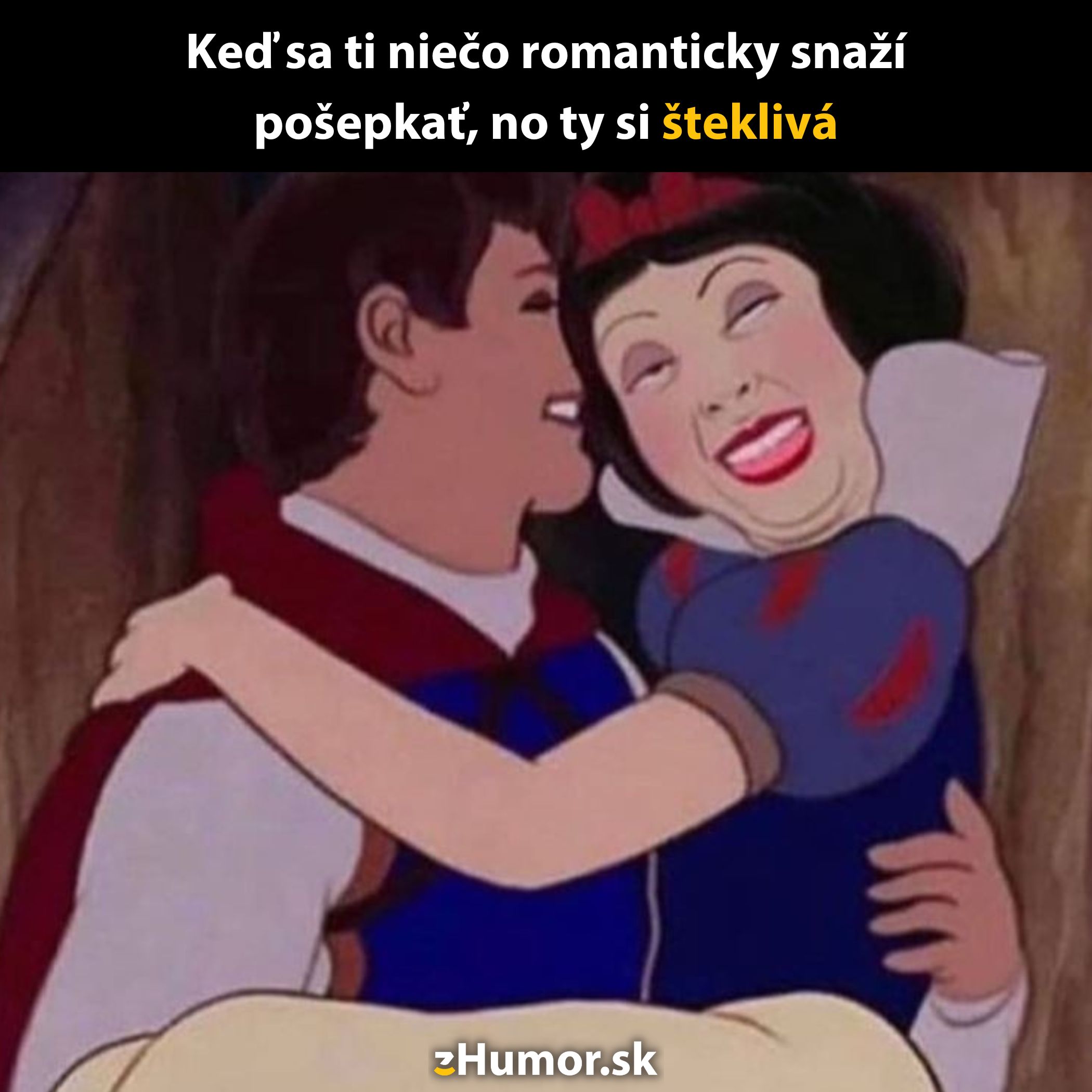 Kreslená Snehulienka sa smeje, keď sa ju niekto snaží poštekliť romantickou scénou.