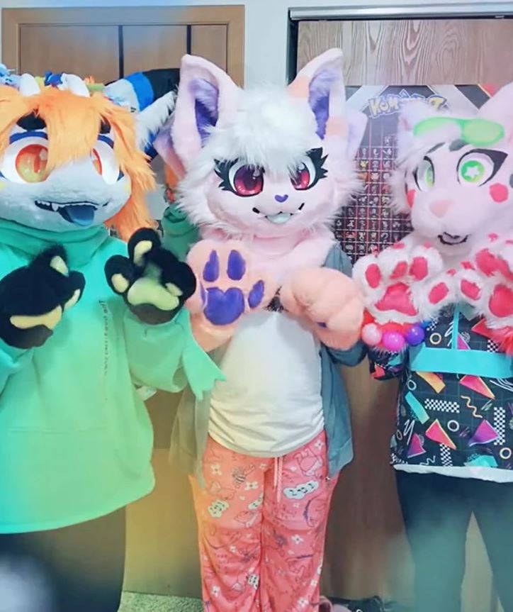 Traja ľudia v kostýmoch mačiek a psov s farebnými labkami pózujú v miestnosti.