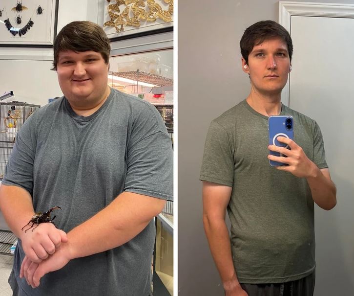 Osobná transformácia: muž pred a po premene, zmena hmotnosti, selfie s mobilom.