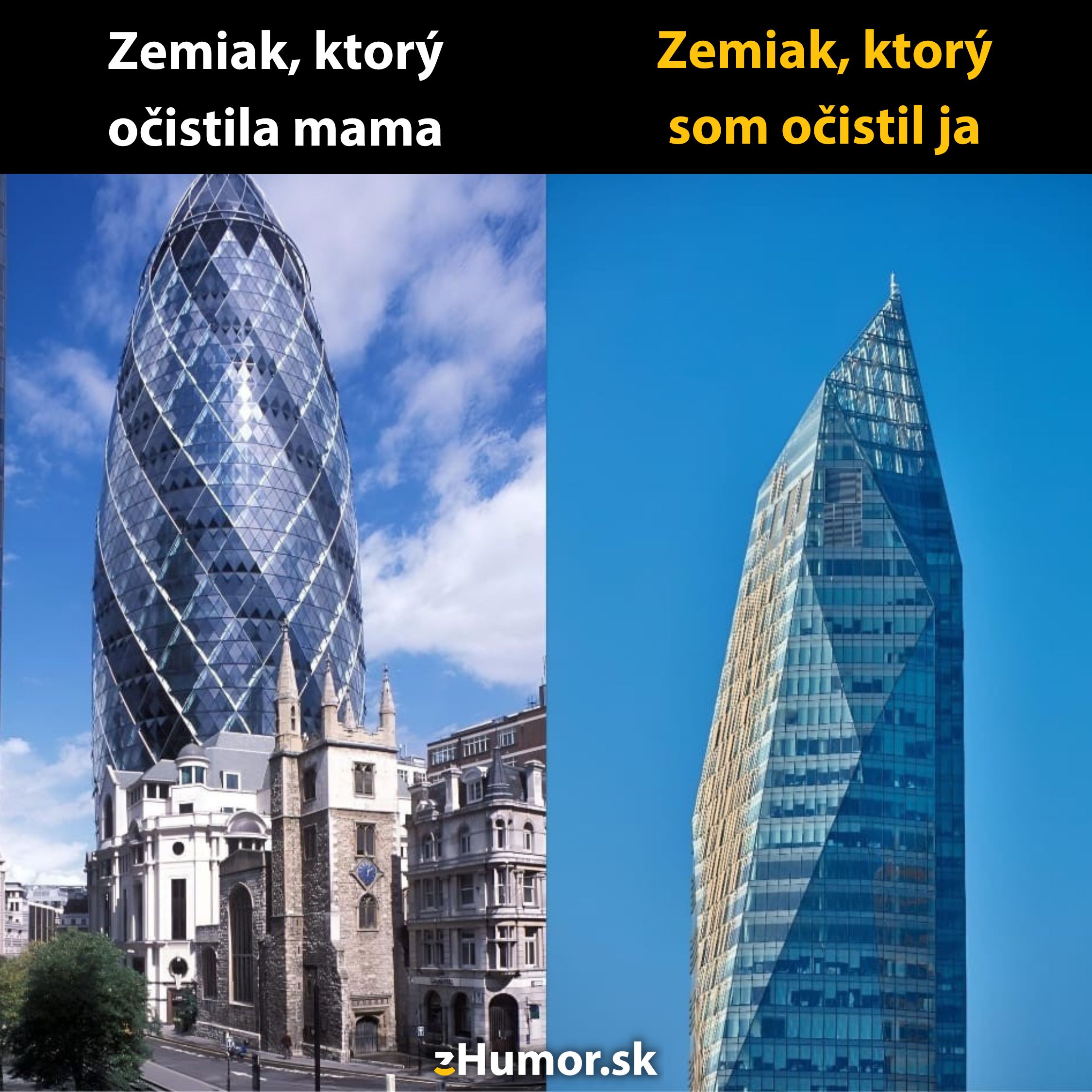 Dva moderné mrakodrapy s vtipným textom porovnávajúci šúpanie zemiakov: Zemiak, ktorý ošúpala mama vs. ja.