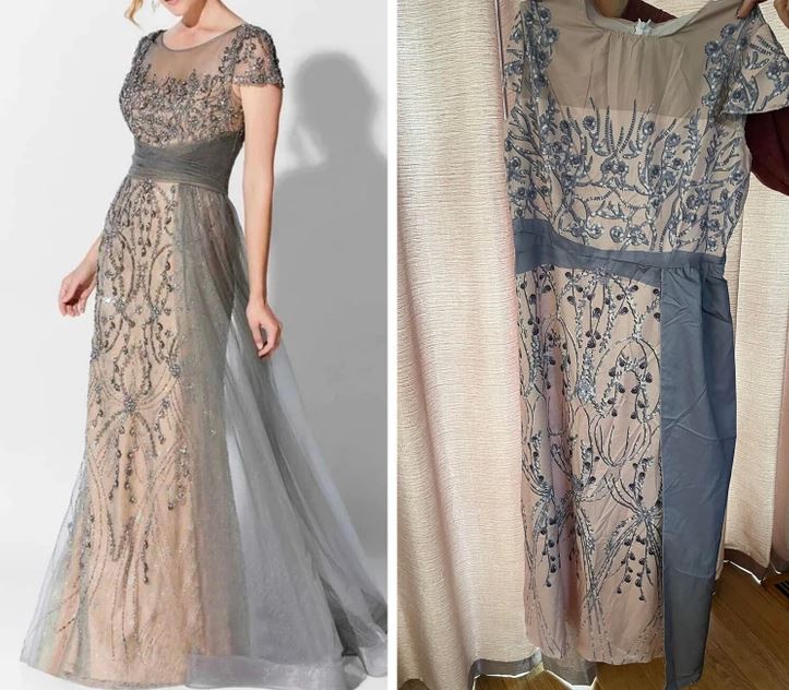 Elegantné šaty s jemnými výšivkami v porovnaní s rozdielom vo farbách a kvalite na dvoch obrázkoch.