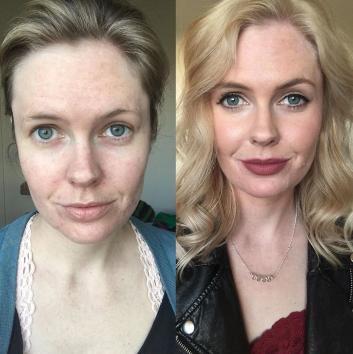 Porovnanie tváre pred a po líčení ukazuje transformáciu z prirodzeného vzhľadu na upravený so svetlými vlasmi.