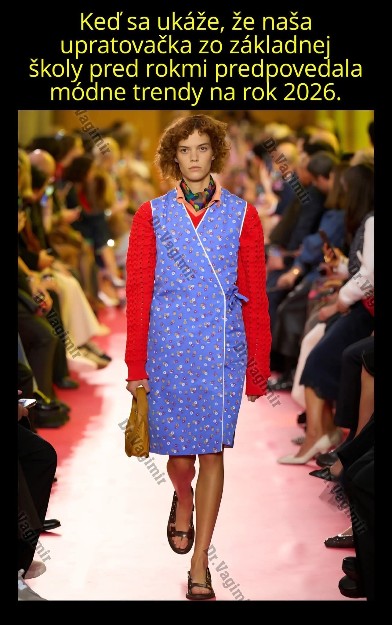 Model na móle v rukavičke s modrými kvetmi a červených rukávoch, módny štýl inšpirovaný retro upratovačkou.