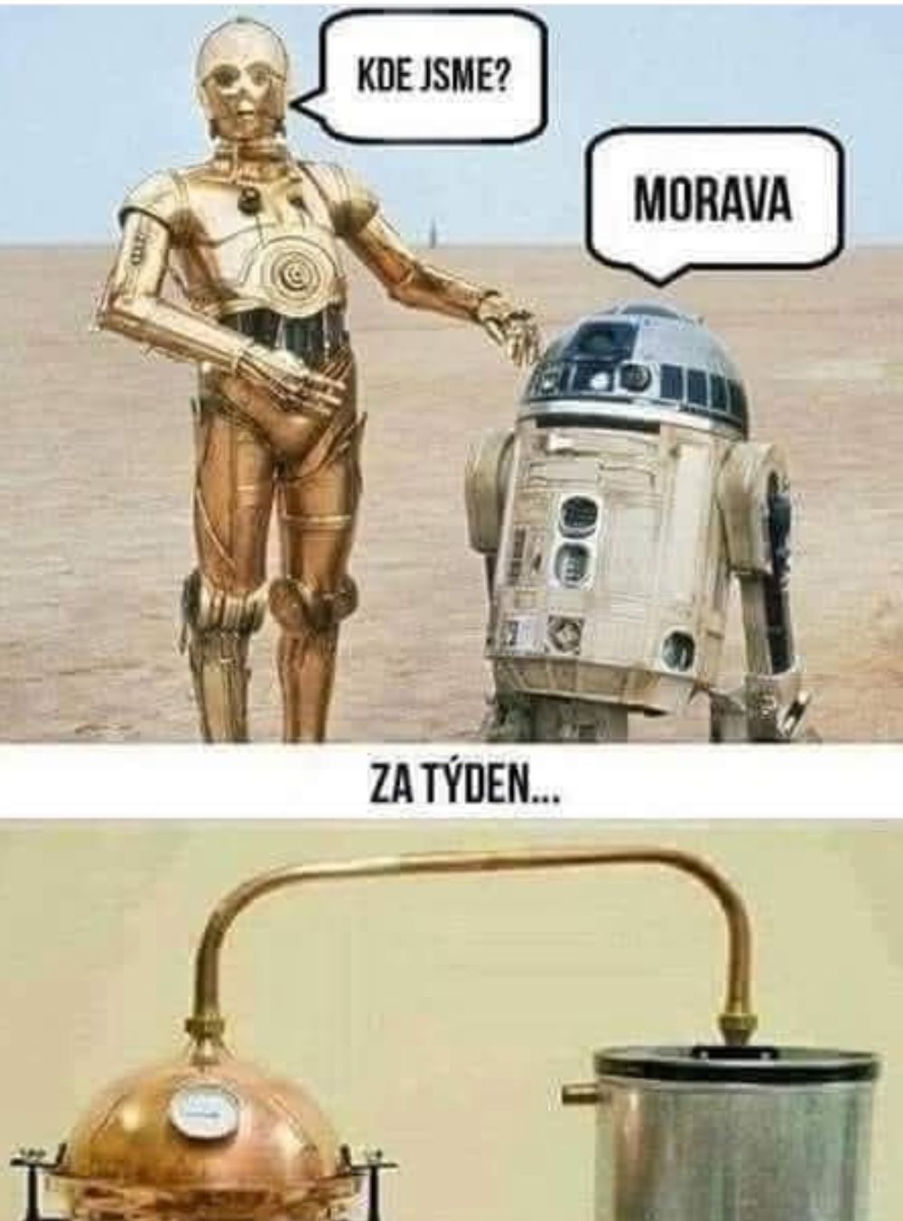 Dva známe roboty stoja v púšti, narážka na návštevu Moravy, nasledovaná snímkou destilačného kotla.