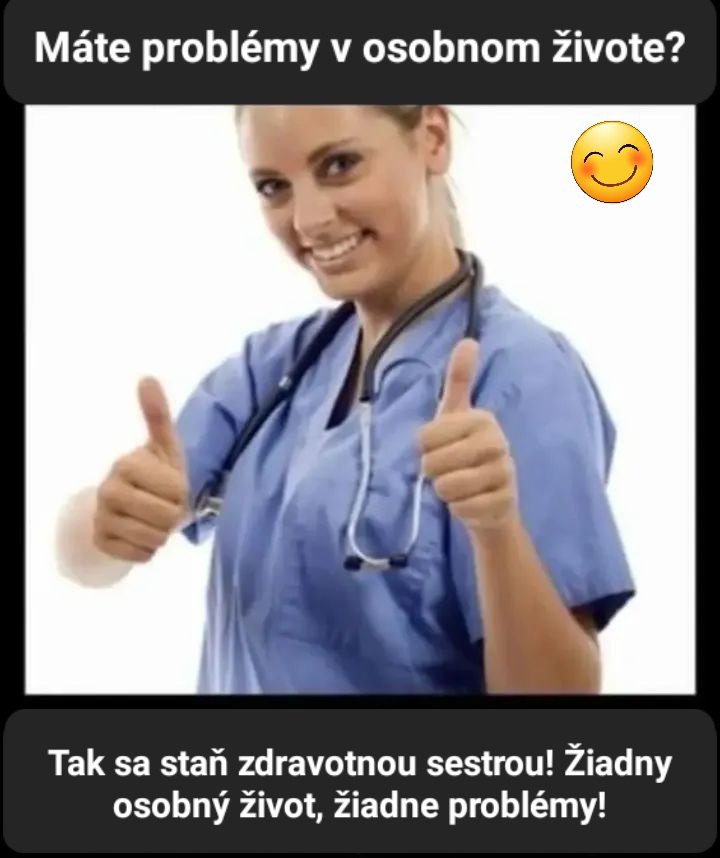 Zdravotná sestra s úsmevom a zdvihnutými palcami v modrej uniforme, s textom o zvládaní osobných problémov.