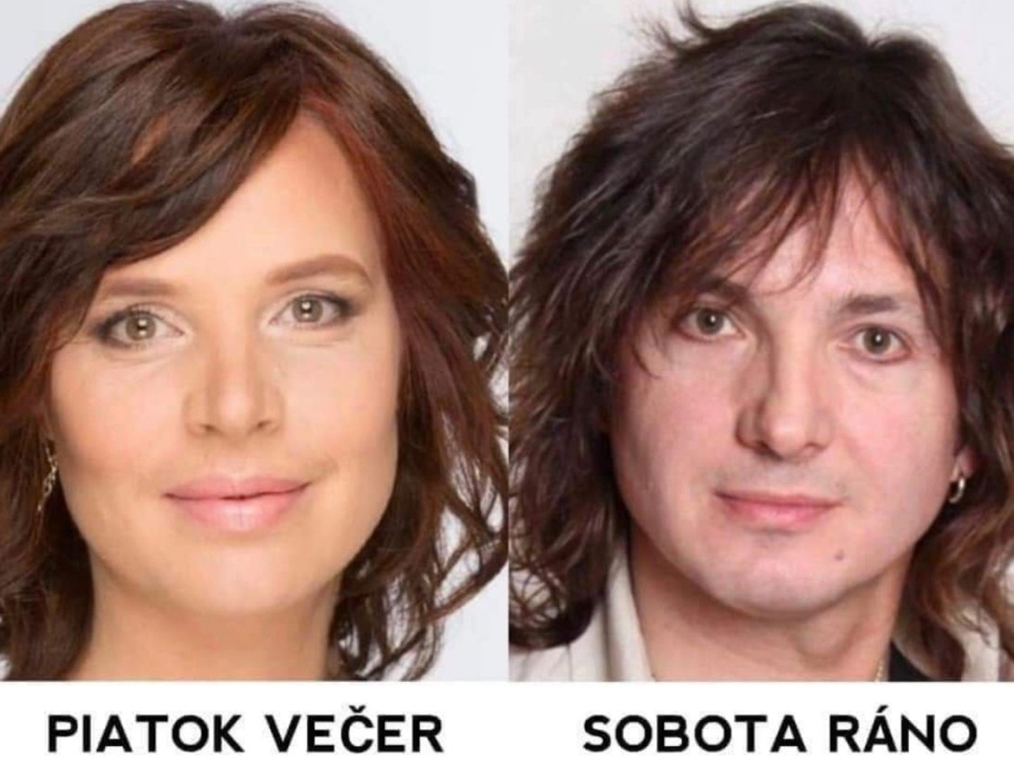 Piatok večer vs. sobota ráno – zábavná koláž zobrazujúca rozdiel v vzhľade počas víkendu.