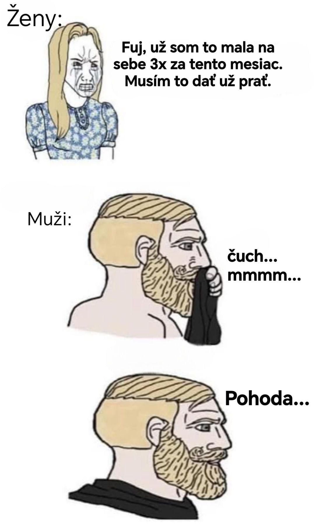 Žartovný rozdiel v prístupe žien a mužov k praniu oblečenia.