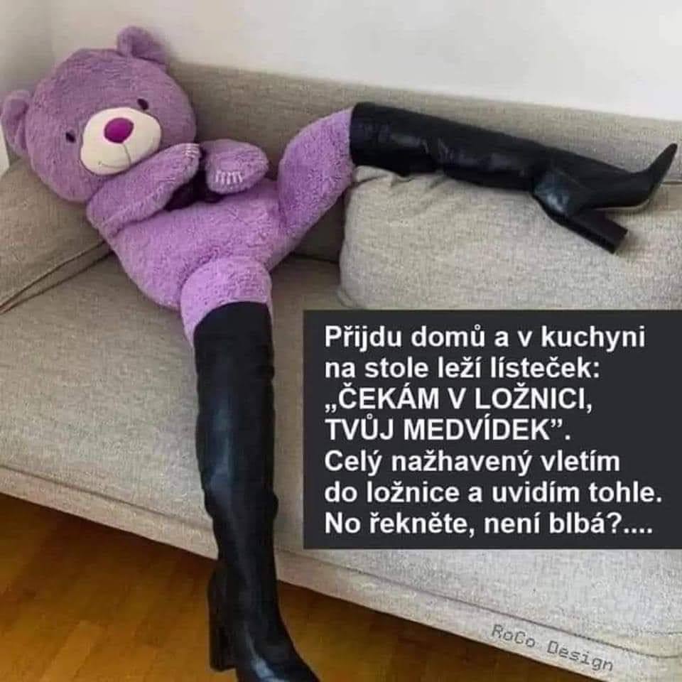 Fialový plyšový medvedík v čiernych čižmách leží na pohovke, vedľa humorný text o očakávaní v spálni.