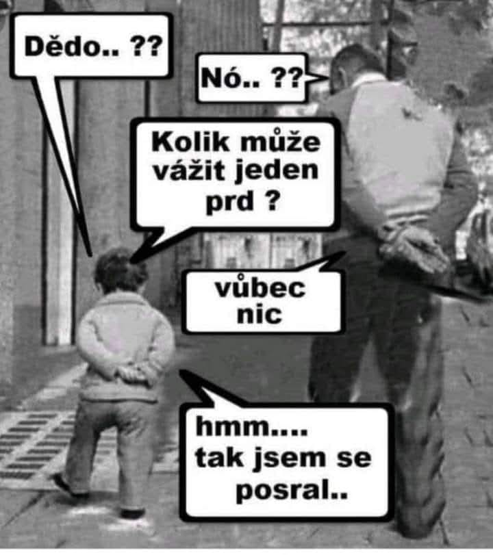 Dědo a vnuk na prechádzke: otázka o váhe prdu spôsobí humornú odpoveď. Text v bublinách vytvára komický dialóg.