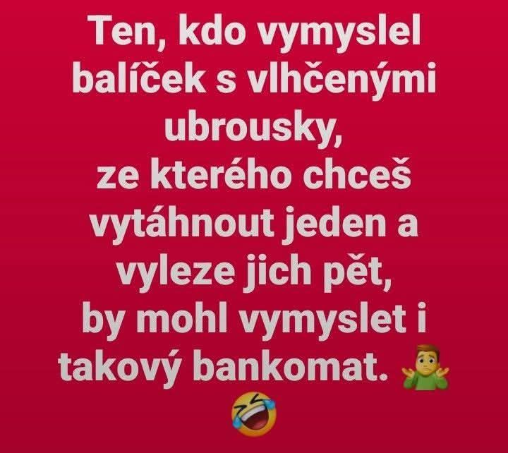 Vtipný text o vlhčených obrúskoch a bankomate na červenom pozadí s emoji.