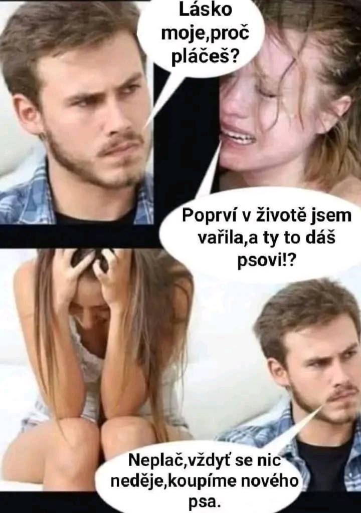 Dvojica v rozhovore: žena plače, muž sa snaží utešiť s komickou poznámkou o psoch.