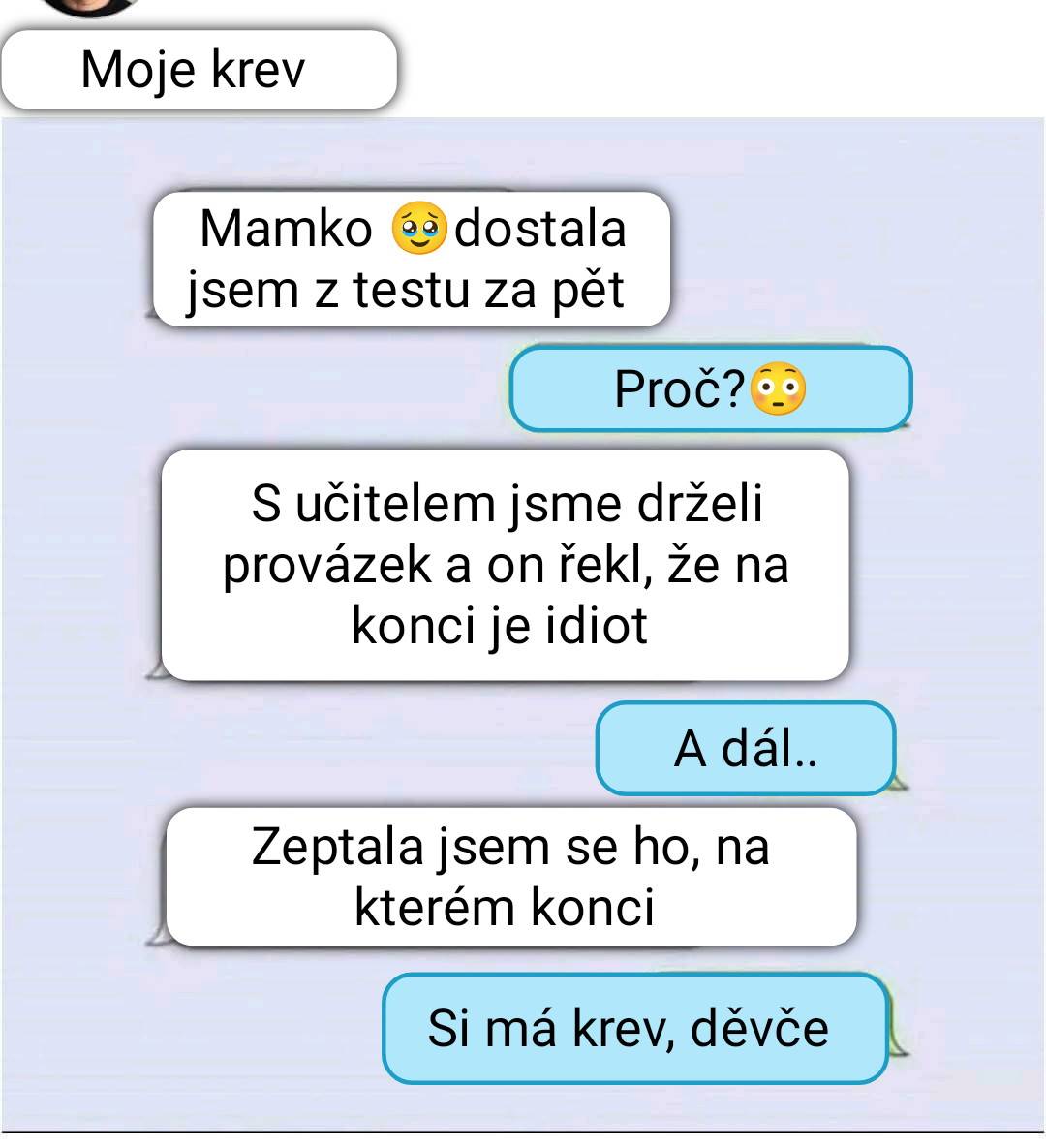 Textová konverzácia s vtipom o provázkoch a nedorozumení medzi žiakom a učiteľom.