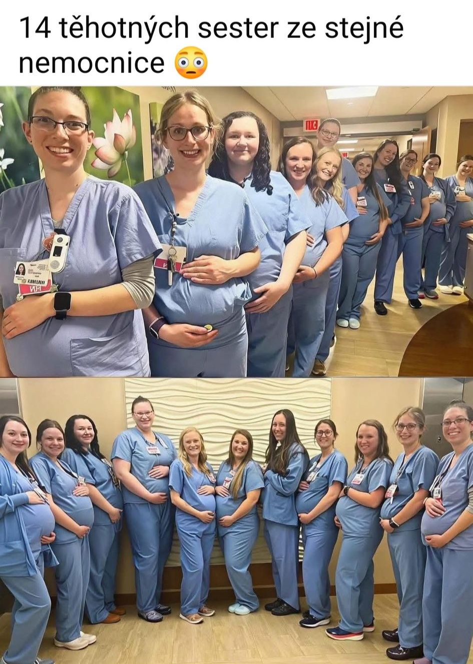 Tehotné sestry v uniformách stoja v rade na chodbe nemocnice, usmievajú sa a hladia si brušká.