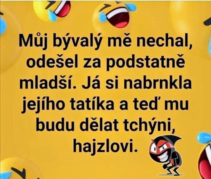 Vtipný text na farebnom pozadí s emotikonmi smiechu.