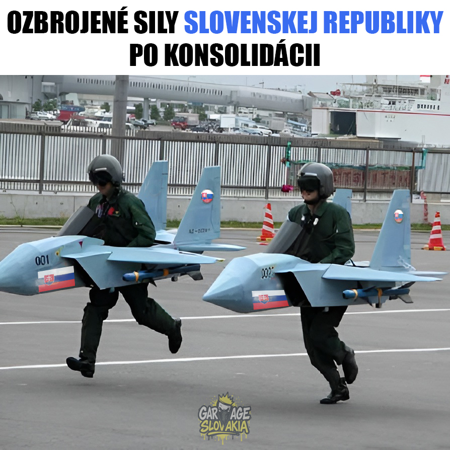 Vojaci v miniatúrnych lietadlách na ceste, vtipná úprava. Slovenská vlajka na predku lietadiel.