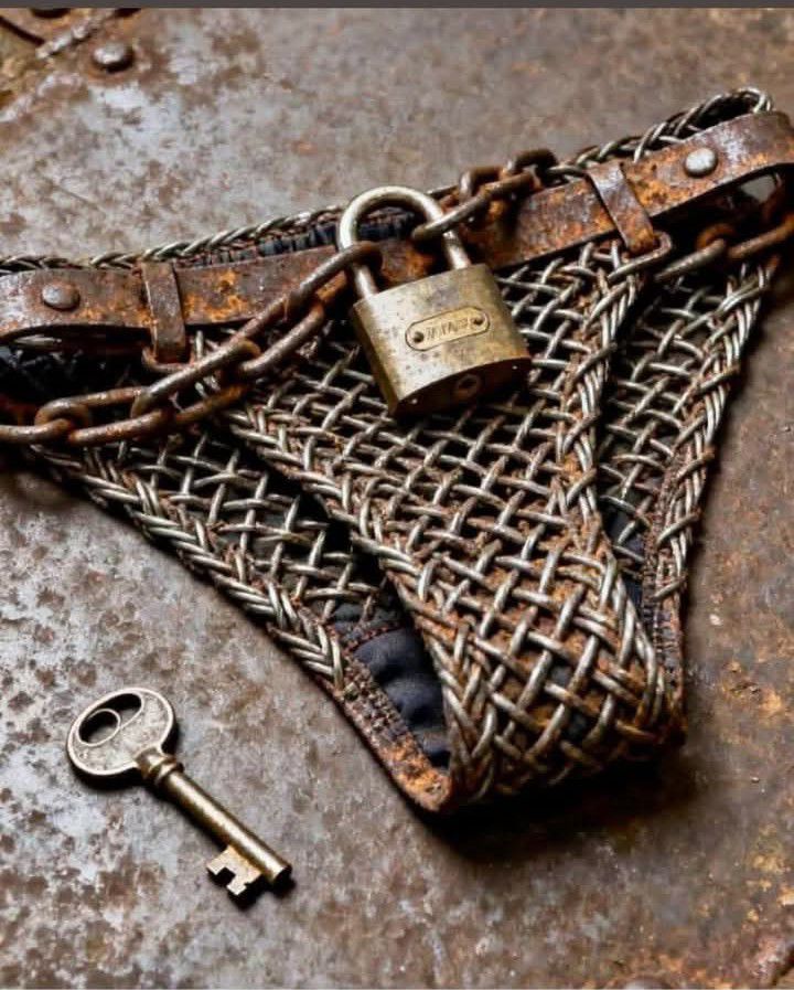 Reťazové nohavičky s visacím zámkom na stredovekom opasku a kľúčom na hrdzavej ploche.