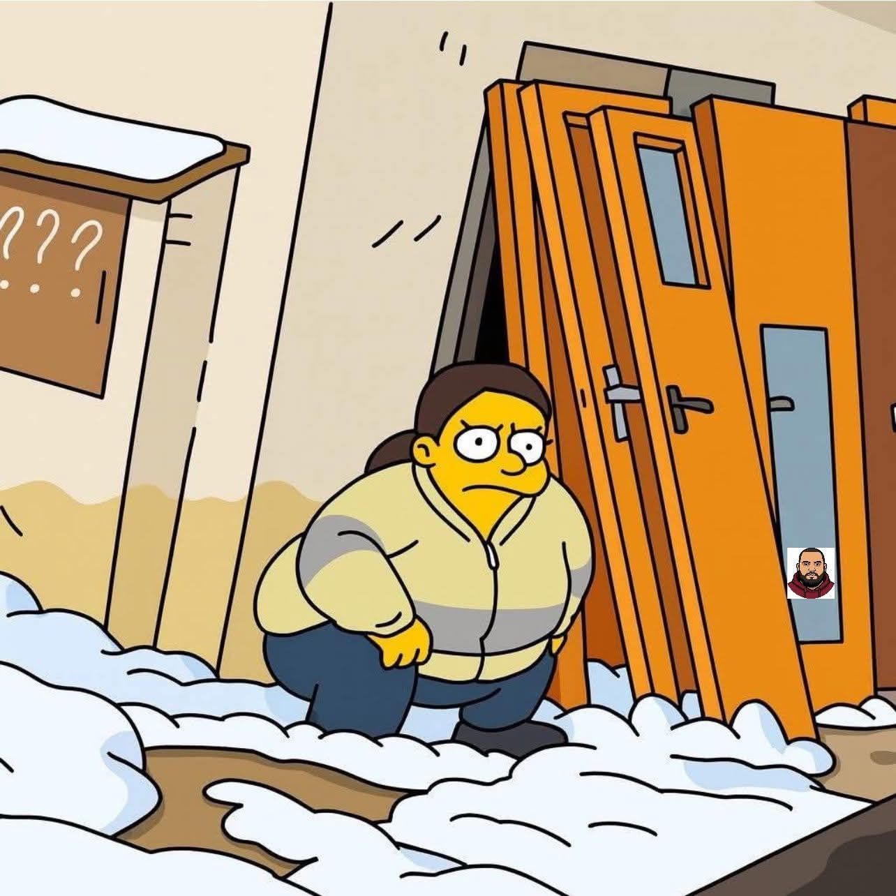 Animovaná postava vo sveteri stojí v snehu pri oranžových dverách, zjavne zamyslená alebo nahnevaná.