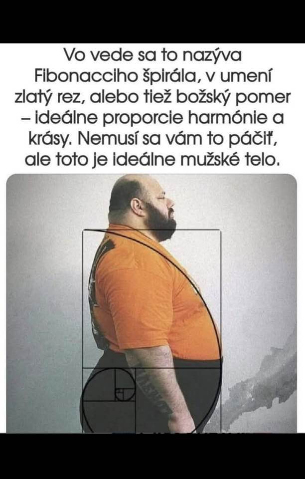 Obrázok muža v oranžovom tričku, jeho telo zobrazené v proporciách Fibonacciho špirály.