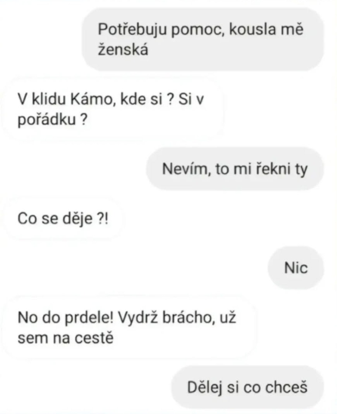 Konverzácia cez textové správy, kde jeden priateľ žiada o pomoc po nečakanom incidente s ženskou.