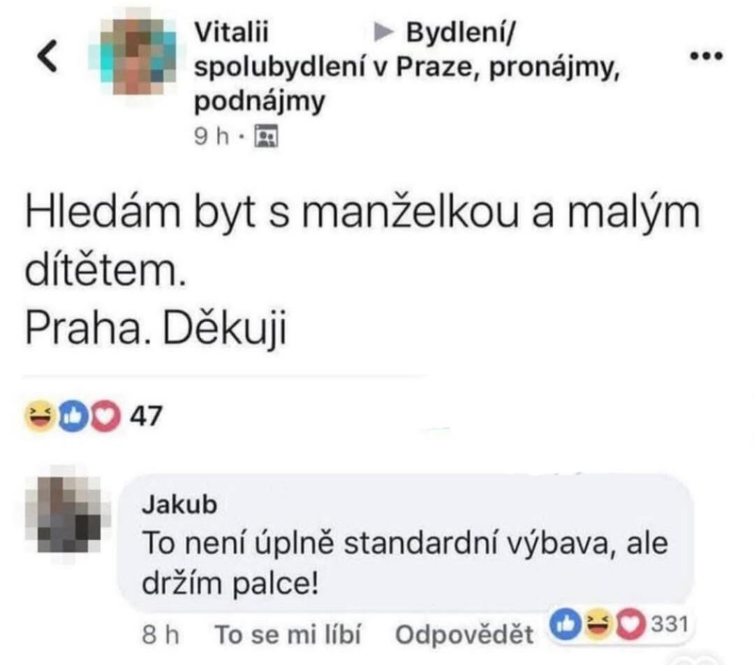 Hľadanie bytu v Prahe pre rodinu s vtipnou reakciou v online diskusii.