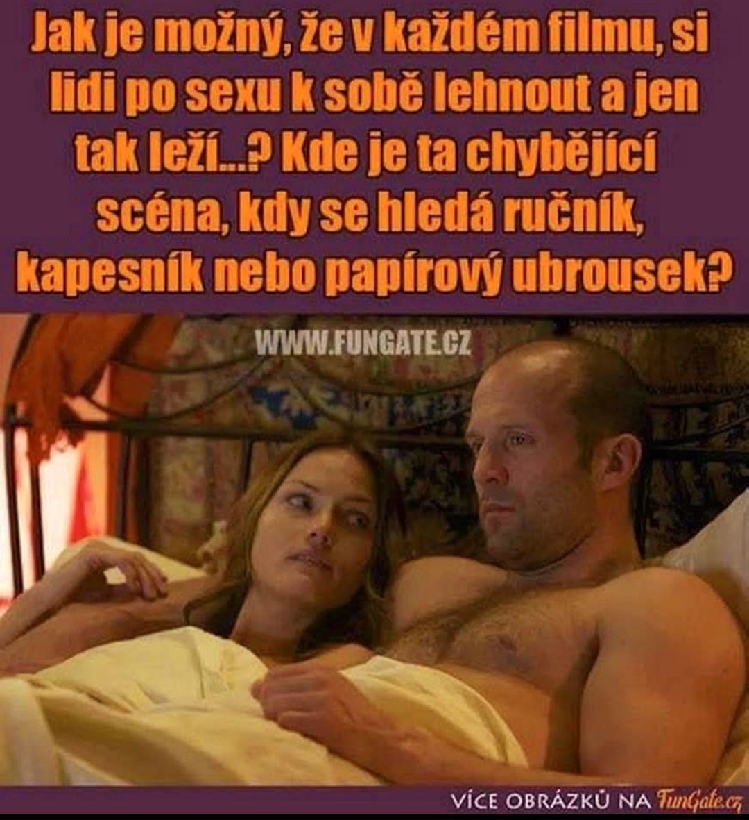 Dvojica leží v posteli, text sa zamýšľa nad nedostatkom realistických scén po intímnych chvíľach vo filmoch.