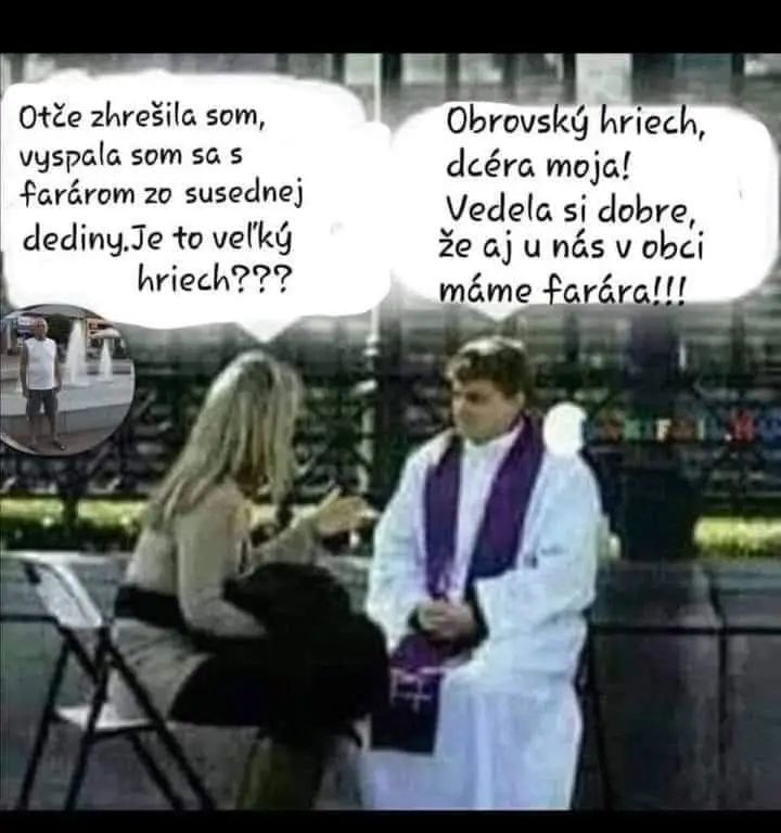 Žena sa spovedá kňazovi na lavičke; vtipný dialóg o hriechu a kňazoch v dedine.