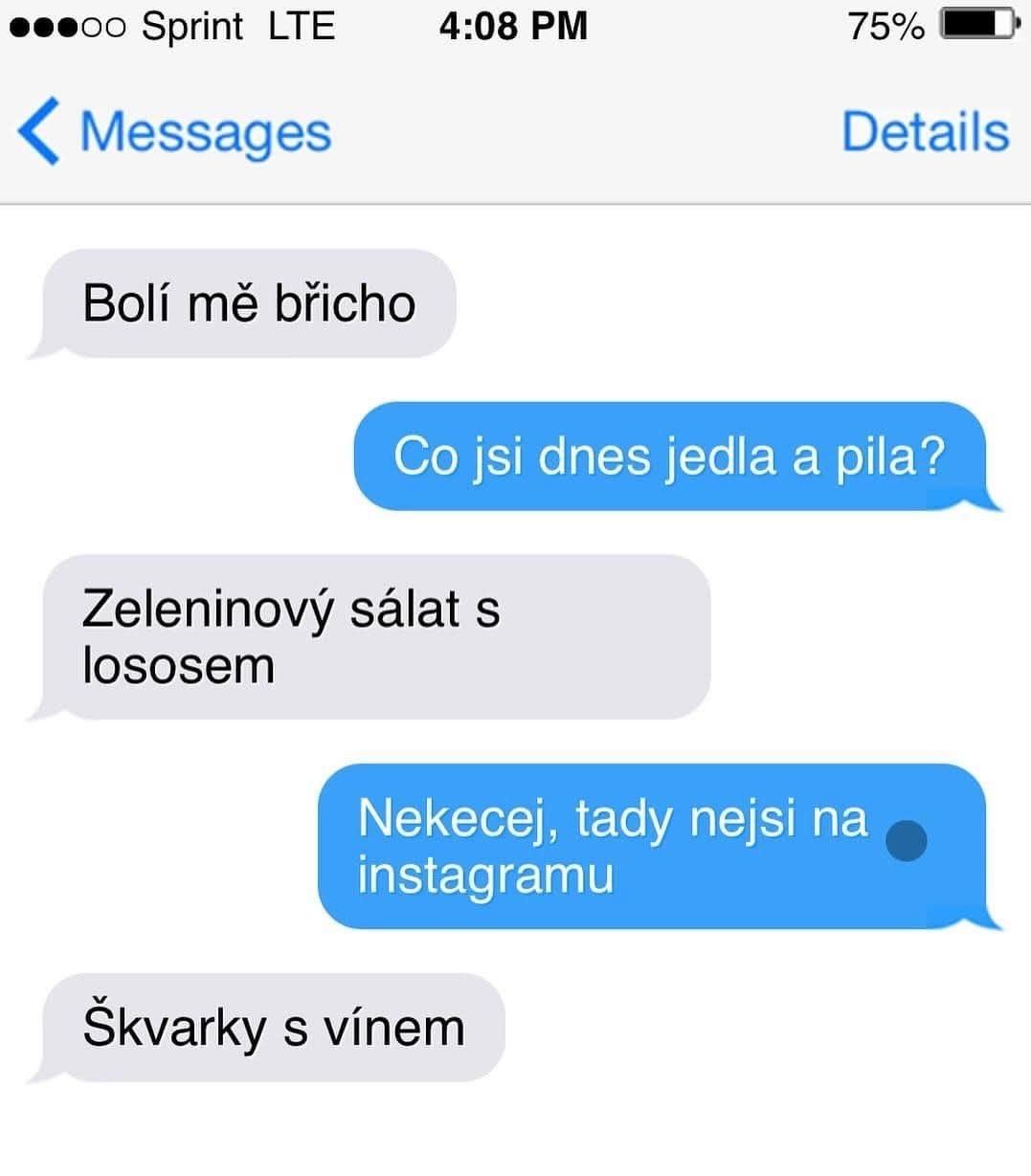 Vtipná textová konverzácia o bolestiach brucha po jedle šalátu s lososom a škvarkami s vínom.