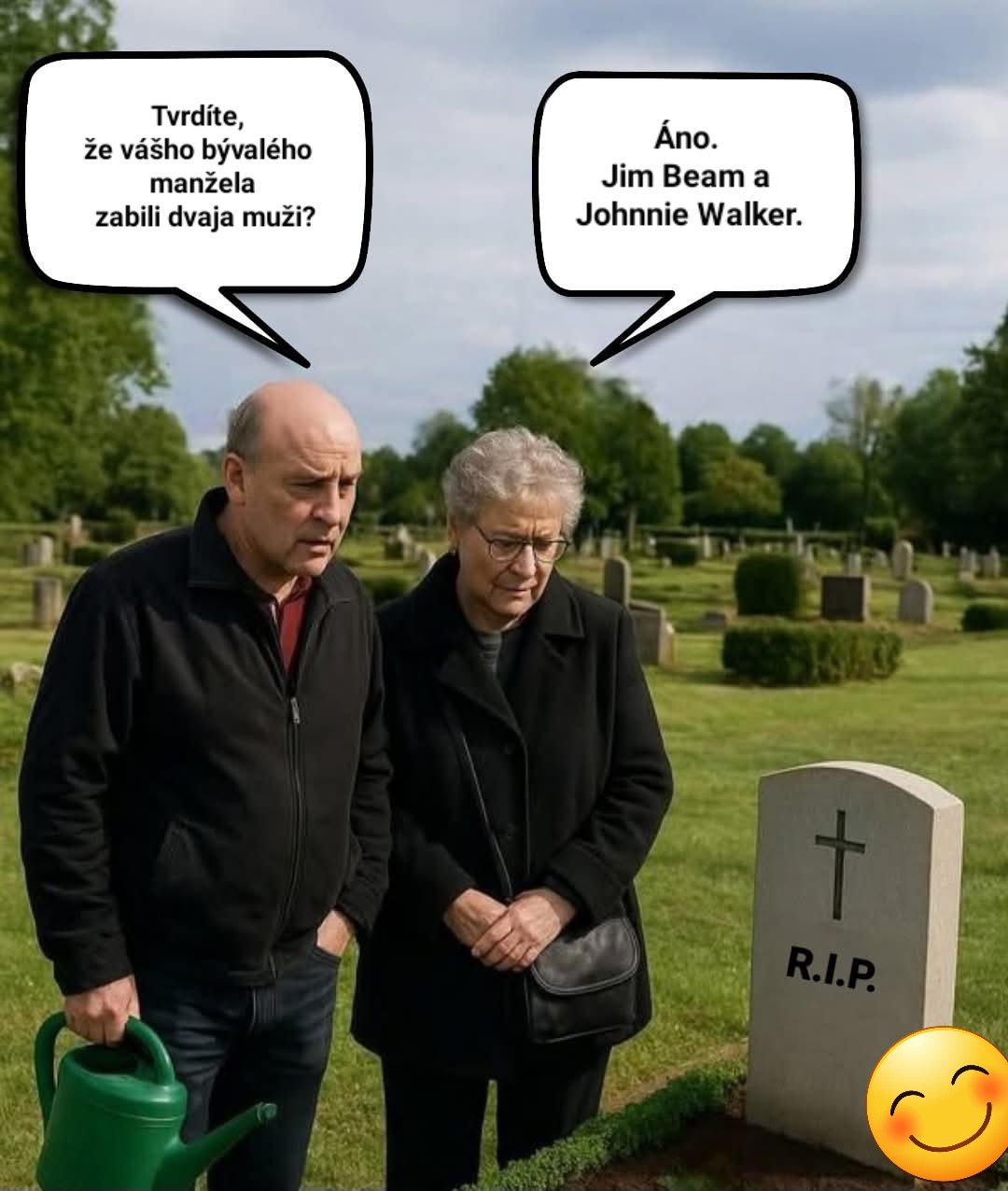 Starší pár na cintoríne vtipne komentuje náhrobný kameň, odkazujúc na známe značky whisky.