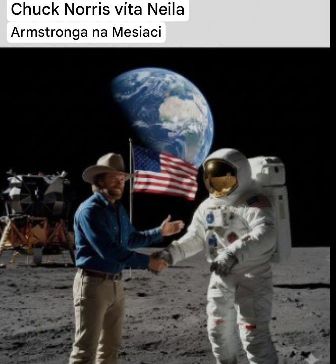 Osoba v klobúku si podáva ruku s astronautom na povrchu Mesiaca, v pozadí Zem a americká vlajka.