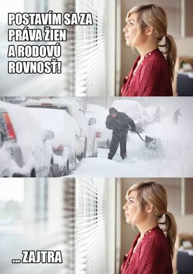 Žena hľadí von z okna na osobu odhŕňajúcu sneh, s textom o právach žien a rodovej rovnosti, s vtipným dodatkom.