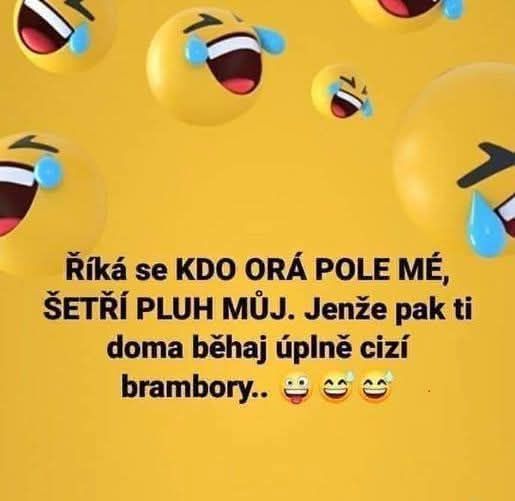 Žlté pozadie s rozosmiatymi emotikonmi a vtipným textom v češtine o orbe a cudzej úrode.