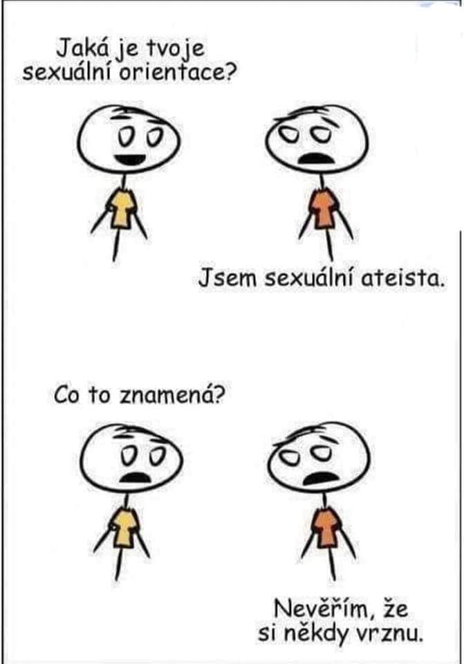 Dvaja jednoduchí kreslení ľudia diskutujú o sexuálnej orientácii, jeden z nich sa označuje za sexuálneho ateistu.
