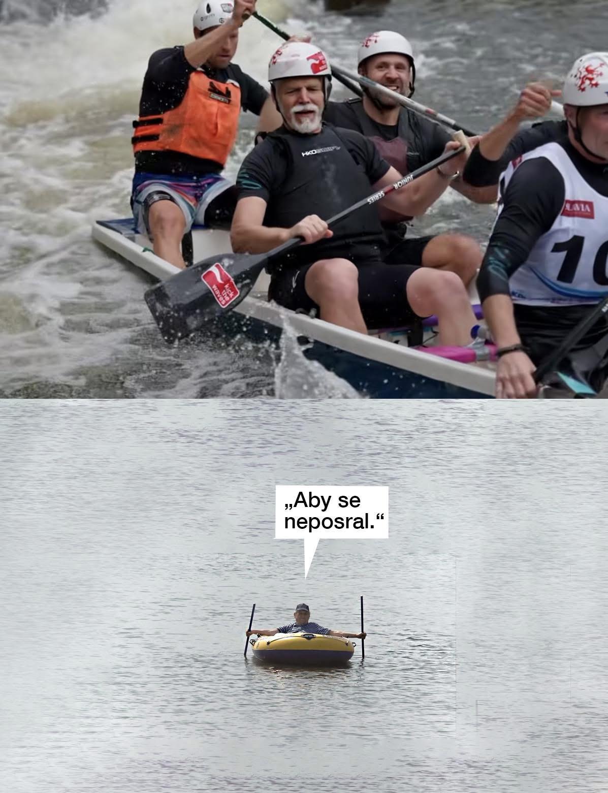 Skupina ľudí v prilbách pádlujú na rieke, zatiaľ čo muž sám v člne hovorí: „Aby se neposral.“