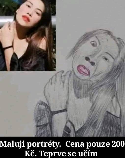 Portrét ženy s kresbou, porovnanie fotky a skice, text ponúka kreslenie portrétov za 200 Kč, upozornenie na učenie sa.