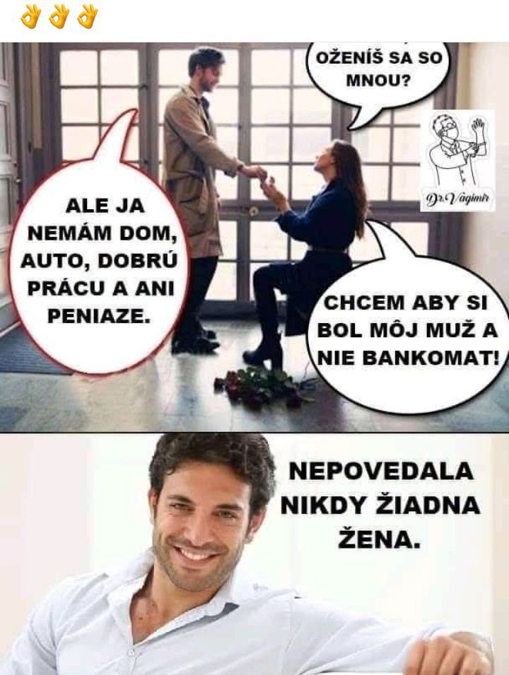 Muž žiada ženu o ruku bez majetku, žena odpovedá, že nechce bankomat; pod tým muž s poznámkou.