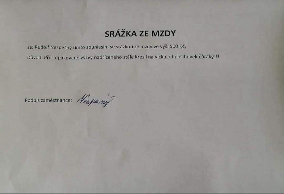 Mzdová zrážka zamestnanca za opakované kreslenie na viečka plechoviek, súhlas s odpočtom 500 Kč.
