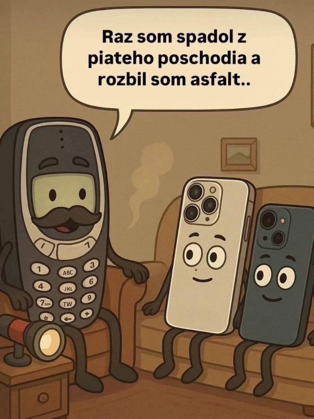 Kreslený starý mobil rozpráva vtip o svojej odolnosti pred modernými smartfónmi na gauči.
