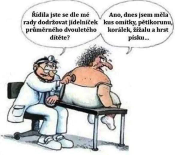 Lekár a pacientka v humornom komikse diskutujú o dodržiavaní detskej diéty.