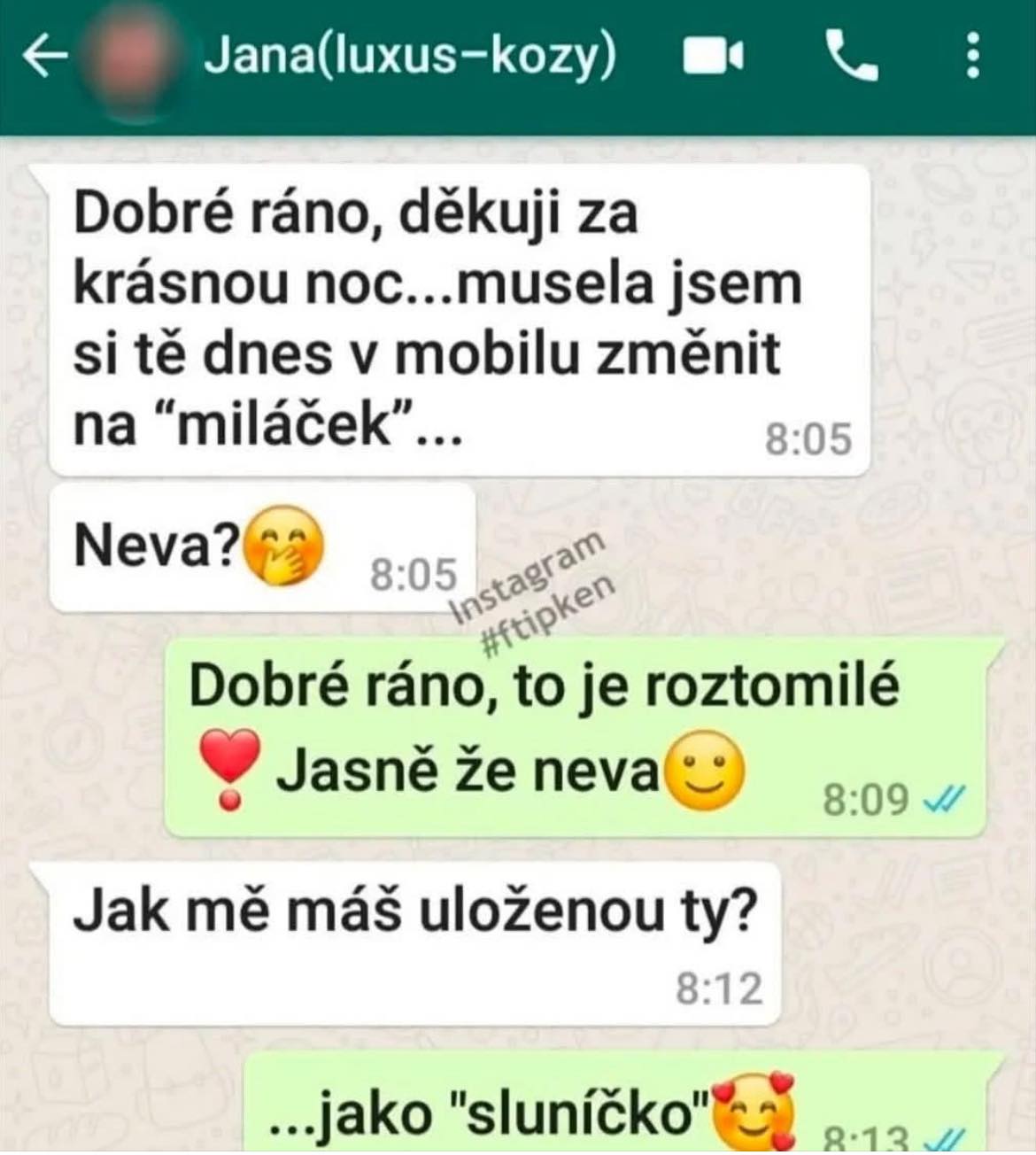 Konverzácia v chate o premenovaní kontaktov na miláčka a slniečko s emodži srdiečok.