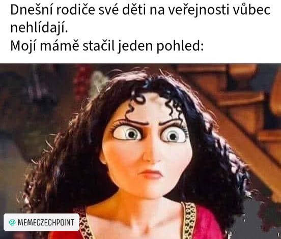 Animovaná postava s prísnym výrazom tváre, symbolizujúca autoritatívny pohľad rodiča.