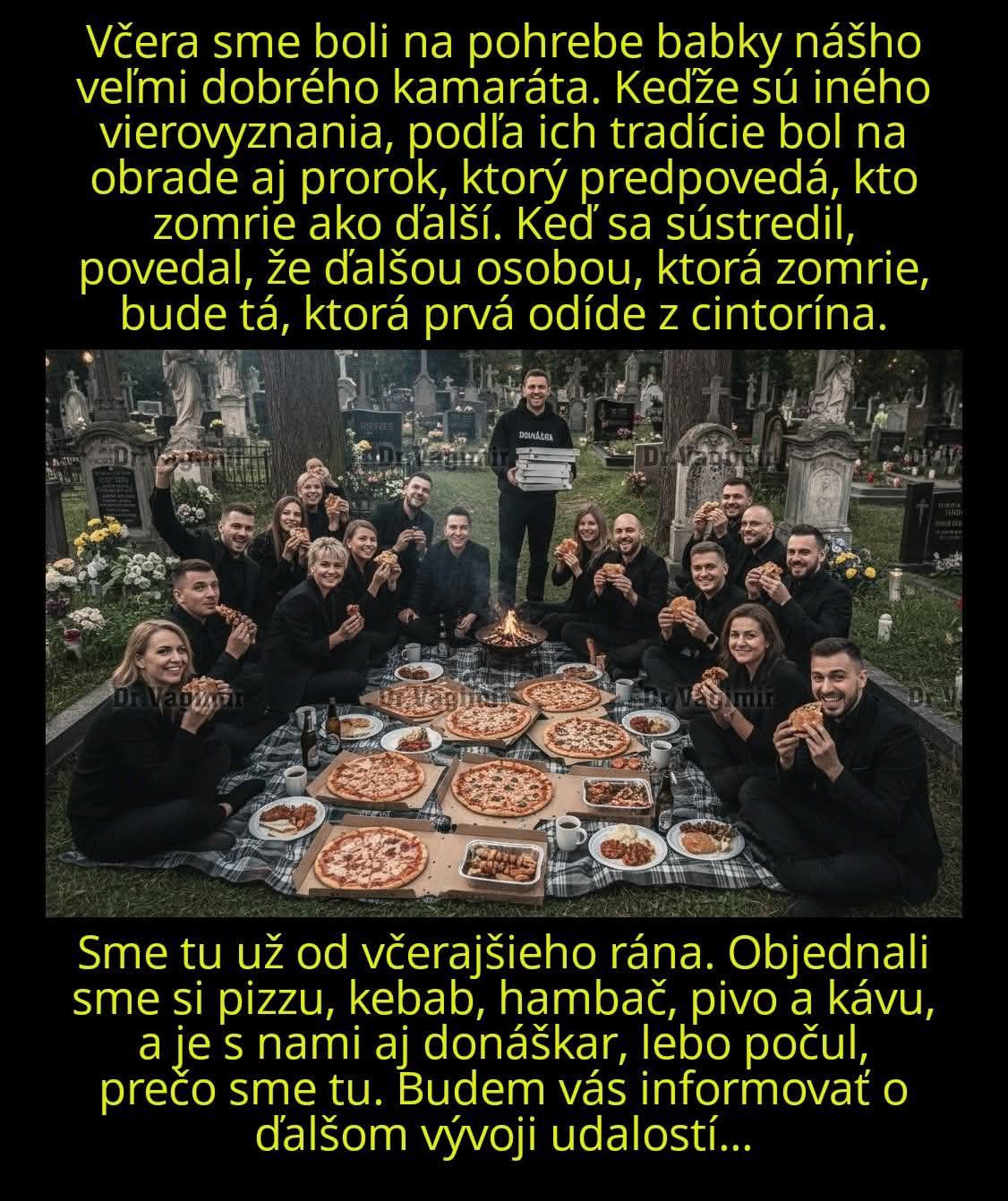 Skupina ľudí na cintoríne si užíva piknik s pizzou a občerstvením, sedí pri hroboch v zábavnej nálade.