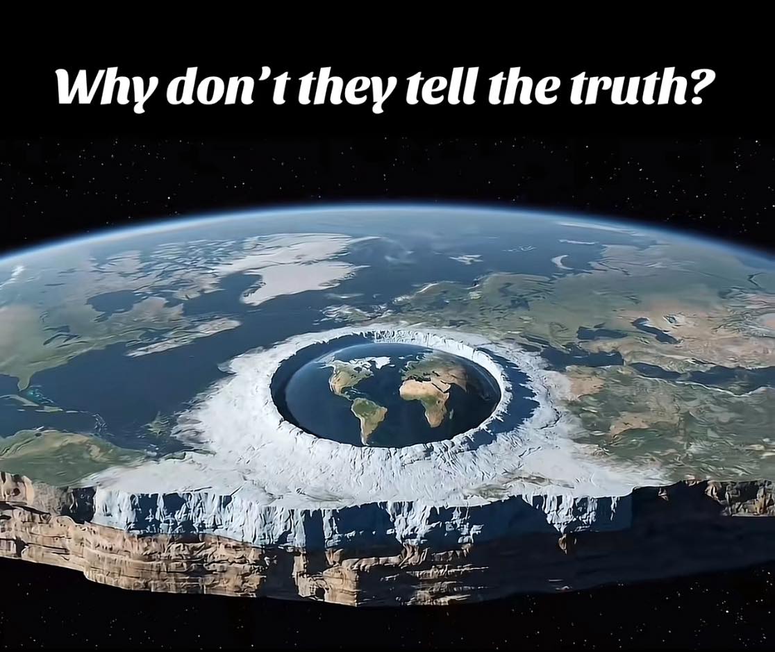 Ilustrácia plochej Zeme s otázkou Prečo nehovoria pravdu? na tmavom vesmírnom pozadí.