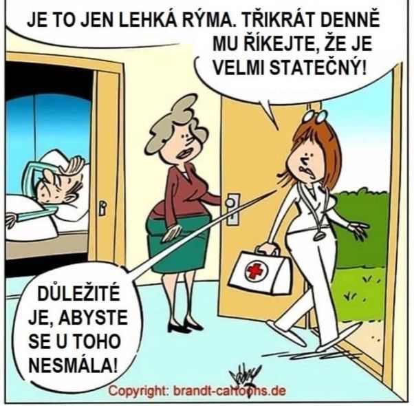 Žena vchádza do miestnosti s pacientom, lekárka odchádza, trápny humor o prechladnutí a odvahe pacienta.