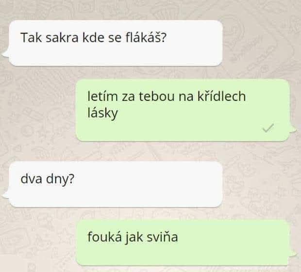 Vtipná výmena správ o zdržaní, humor istý veterným počasím a láskou, zobrazené na komunikačnej platforme.