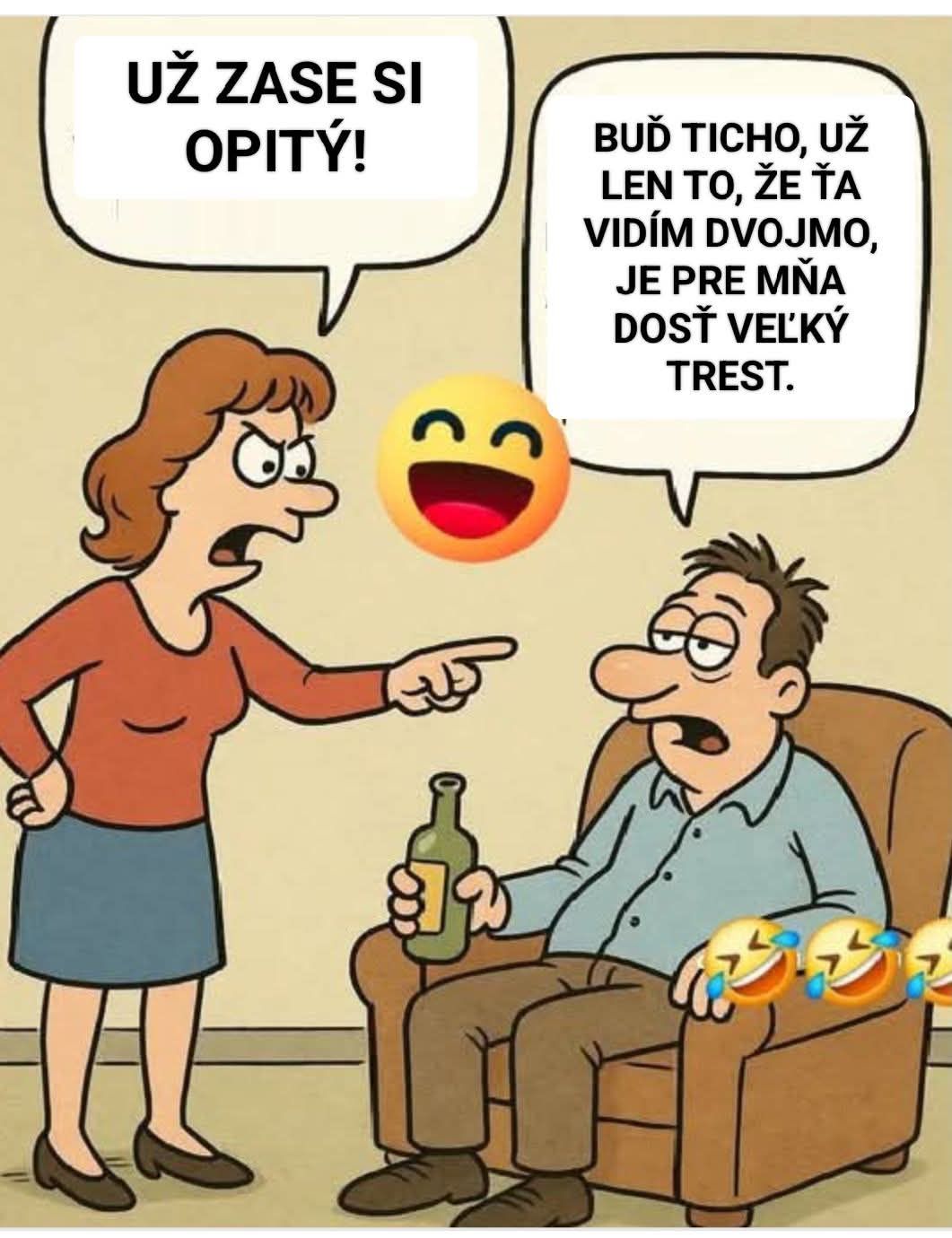 Kreslený obrázok hádky: žena kričí na muža so smutným výrazom a fľašou v ruke, vtipné emodži.