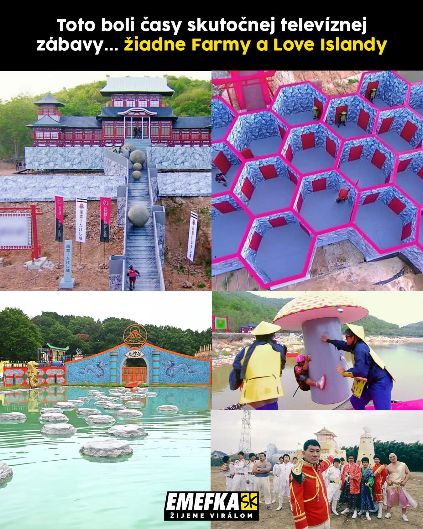 Japonská televízna show s prekážkami, farebné kulisy, kostýmy a zábavné výzvy v prírode.