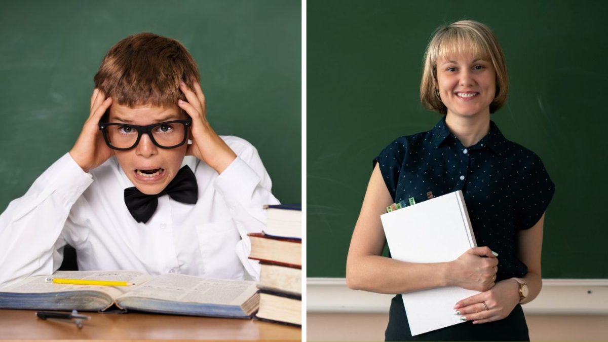 Študent v strese pri učení a usmiata učiteľka s knihami pred tabuľou.