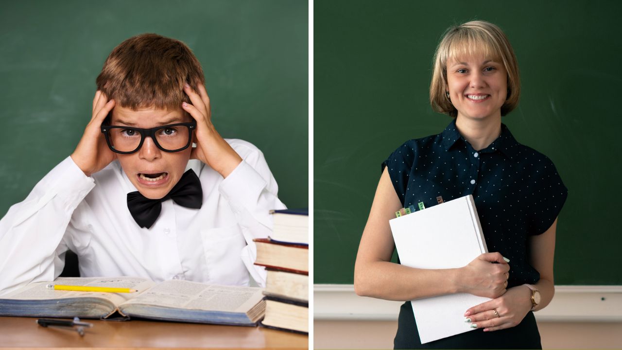 Študent v strese pri učení a usmiata učiteľka s knihami pred tabuľou.